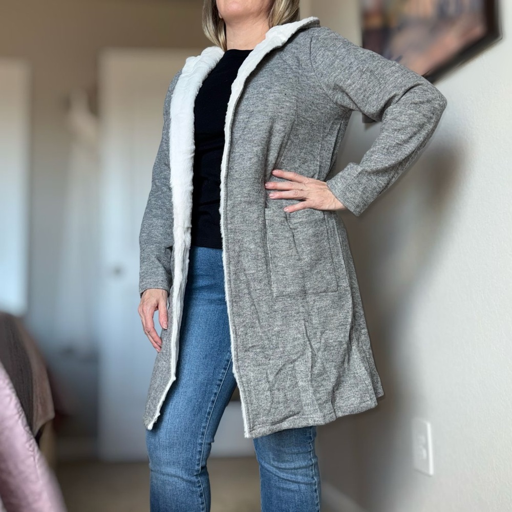 Hayden Gray Cardigan with White Furry Trim & Hood - Picture 2 of 14